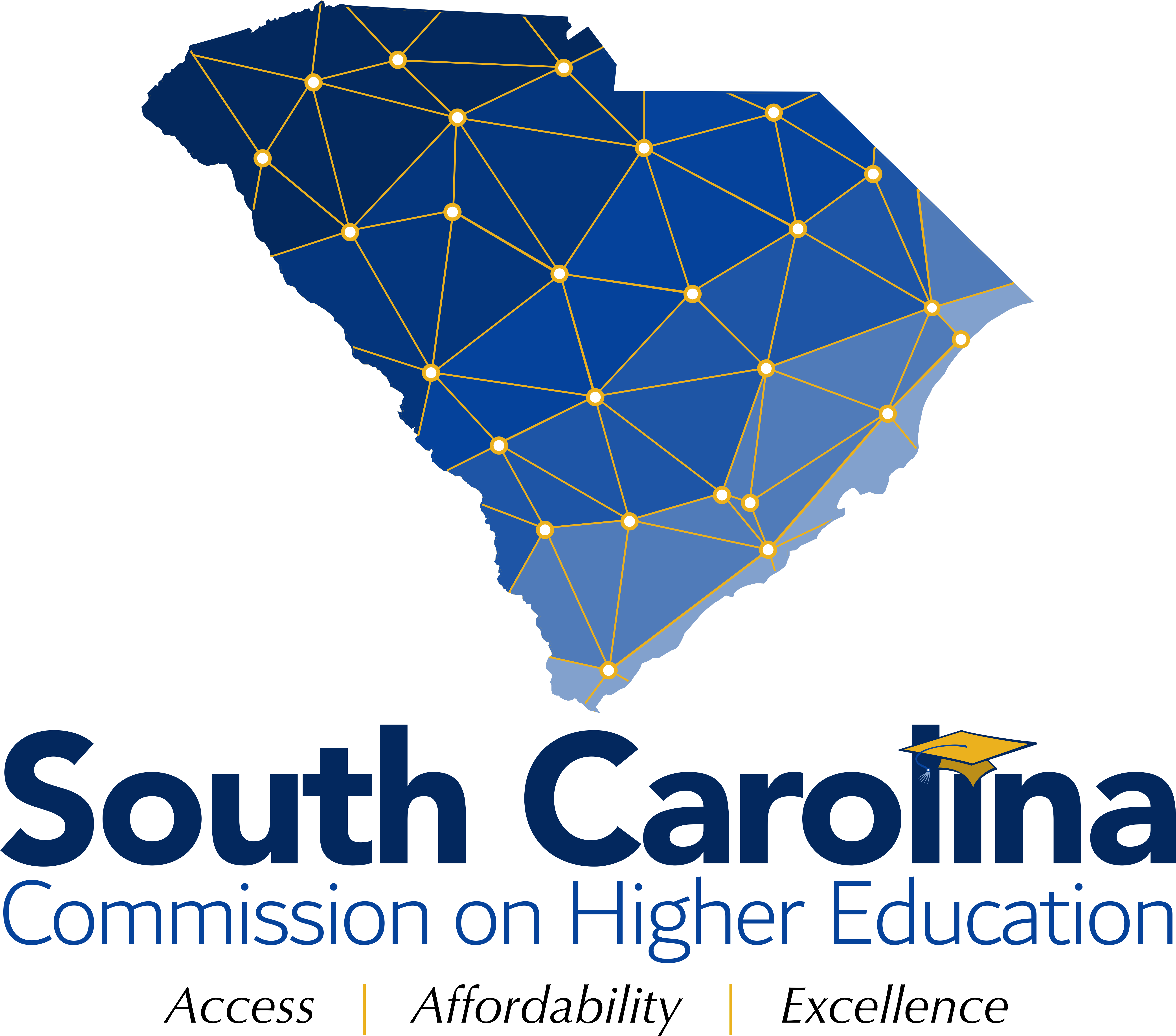 Logo of the South Carolina Commission on Higher Education, featuring a stylized map of South Carolina with a network design.